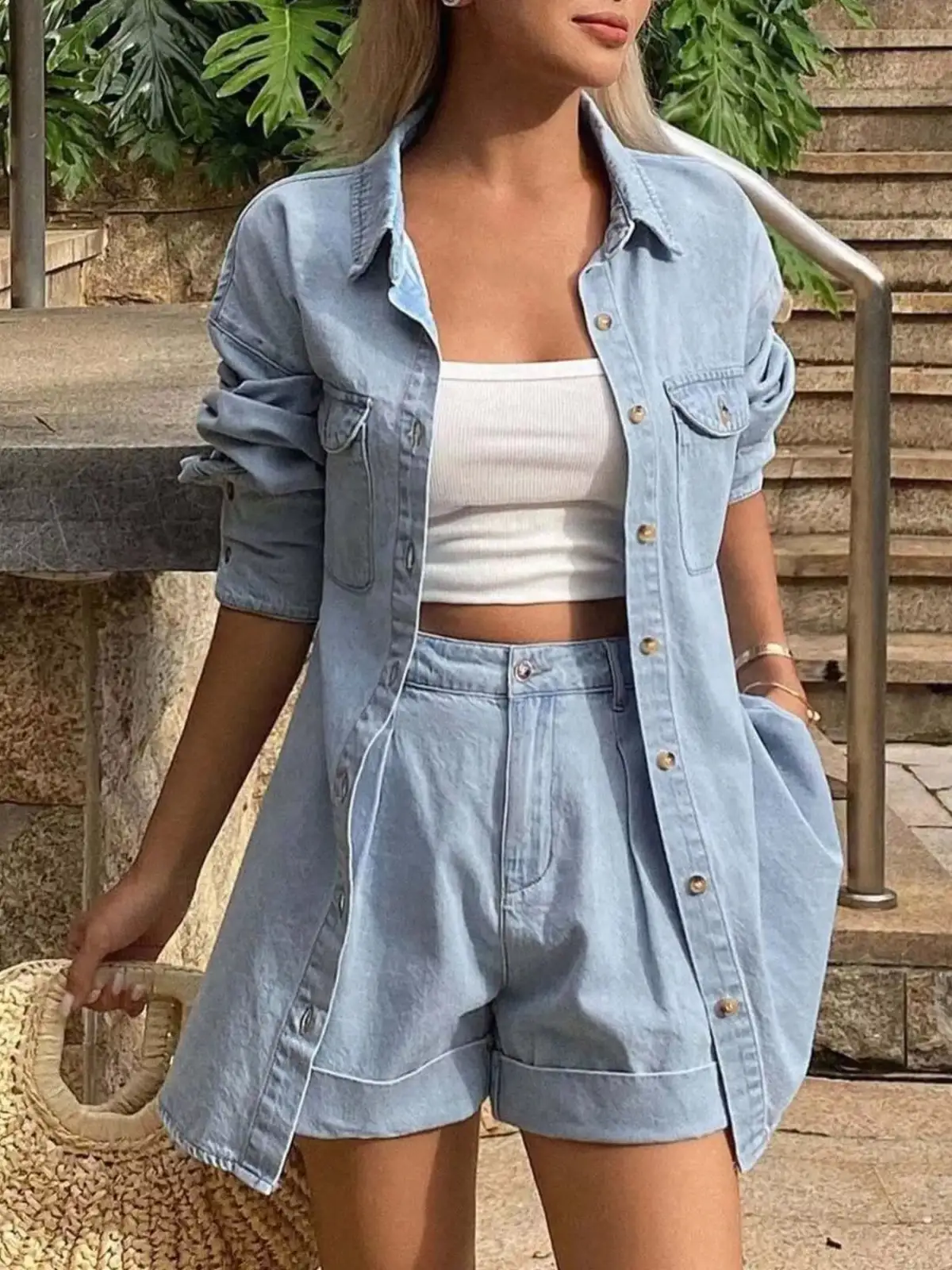 Pocketed Denim Cotton Shirt and Shorts Matching Set
