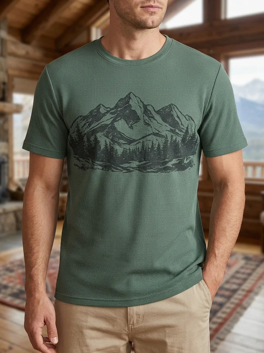 Men's Outdoor Nature Lover Mountain Forest Waffle Creative Crew Neck T-Shirt