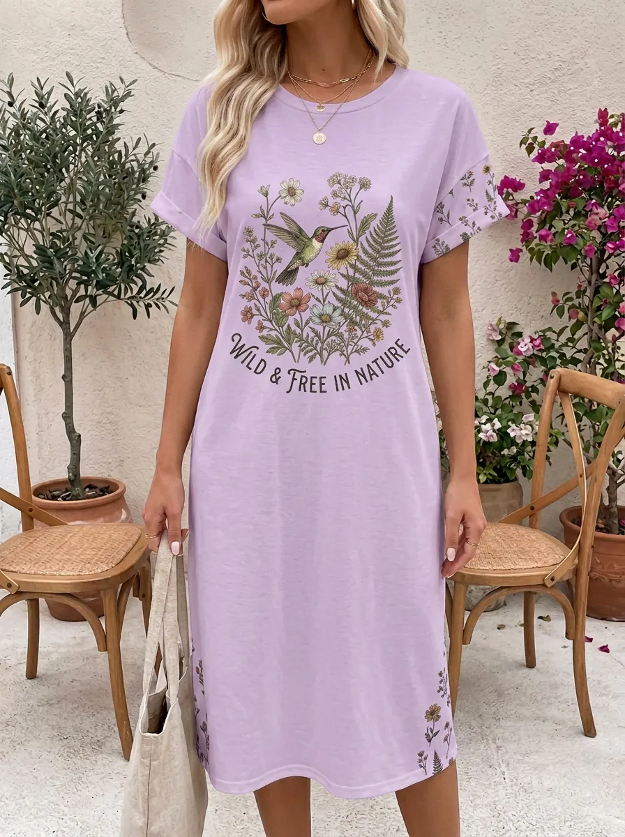 Nature Lover Hummingbird Wildflower T-Shirt Dress
