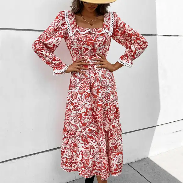 Women's Long-Sleeve Floral Ruffled Beach Maxi Dress