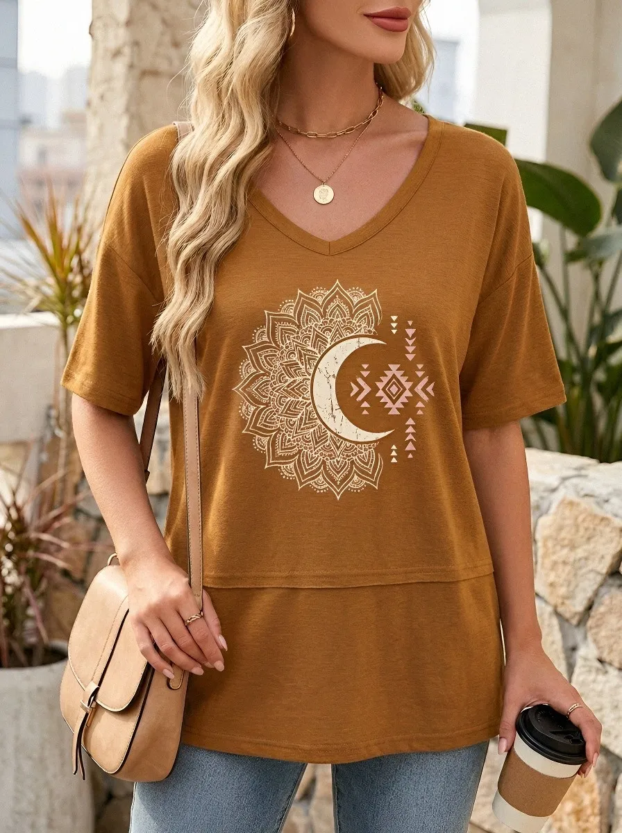 Women's Boho Moon Mandala Geometric Printed V-Neck T-shirt