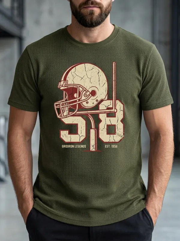 Men's Statement Helmet Football Gridiron Crew Neck Graphic T-Shirt