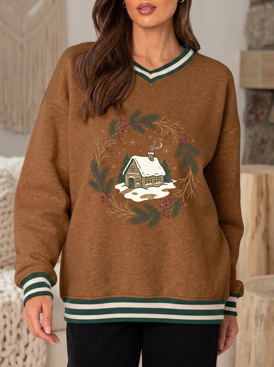 Christmas Holiday Snowy Cabin Wreath Print Sweatshirt