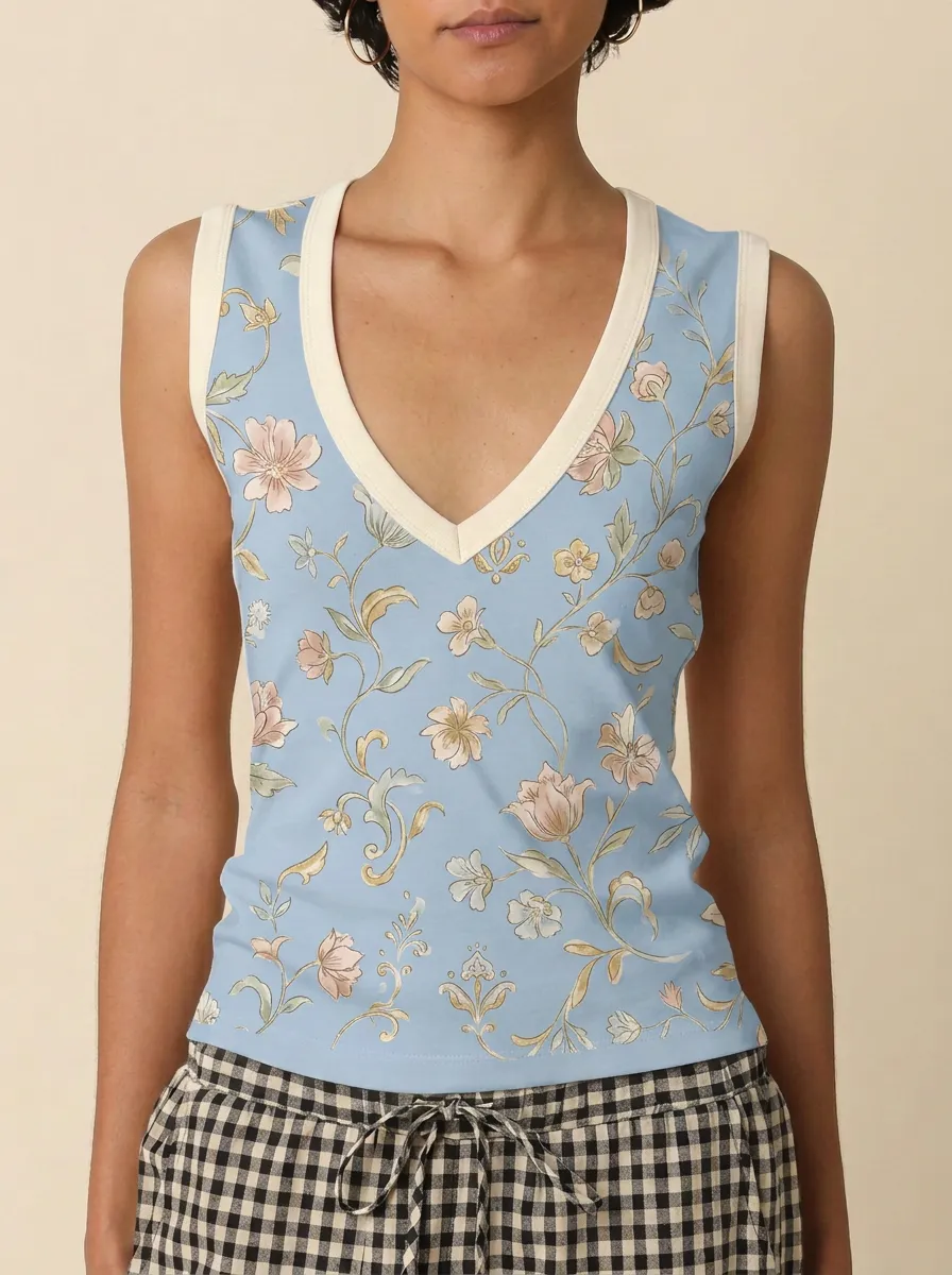 Women's Vintage Floral Botanical Printed V-neck Tank Top