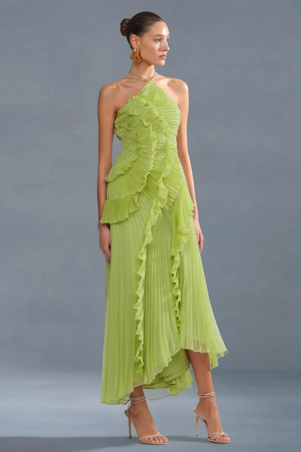 Pleated Frill Halter Neck Midi Dress
