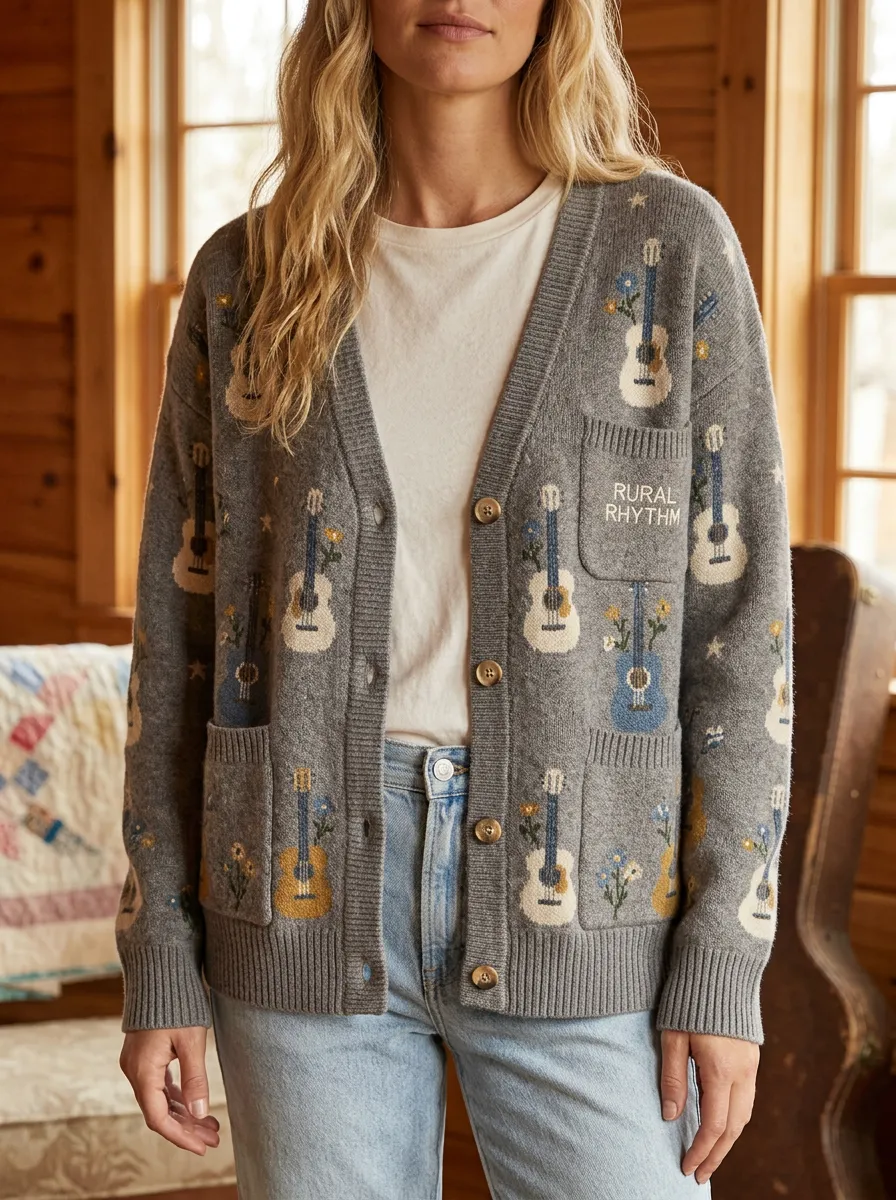 Rustic Guitar Women's Country Music Casual Cardigan