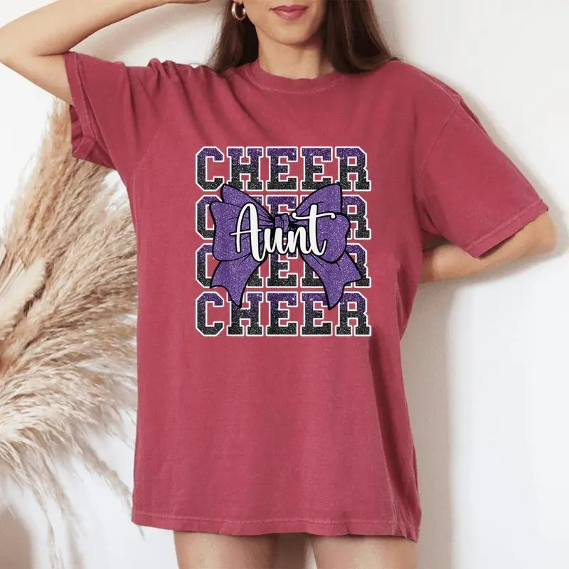 Cheer Aunt Auntie Bow Sport Cheerleader Cheerleading Purple Women's Oversized Comfort T-Shirt