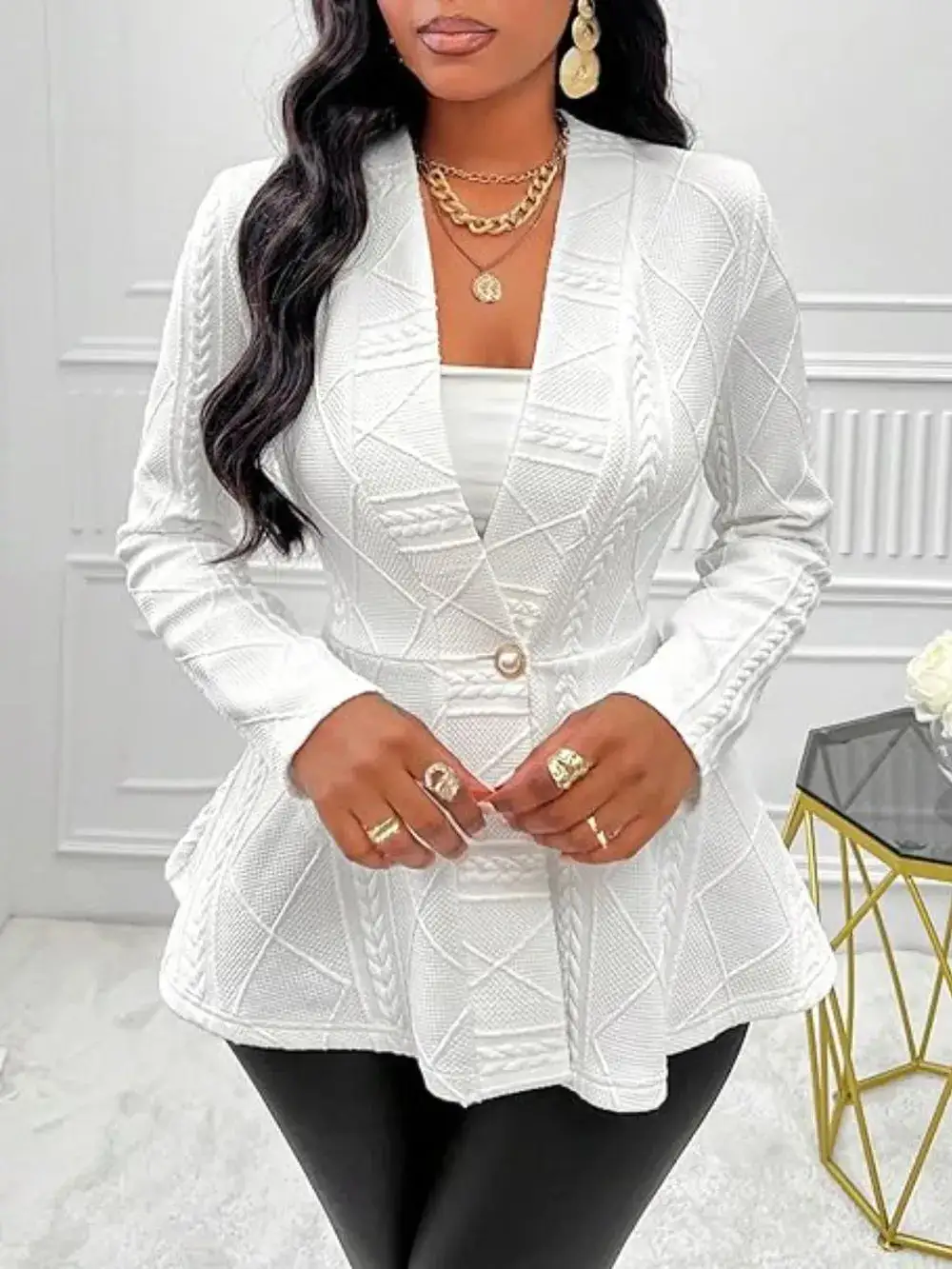 One Button Textured Peplum Cardigan