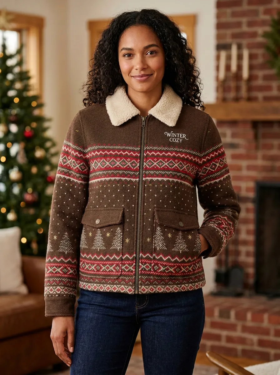 Christmas Fair Isle Tree Pattern Print Fleece Collar Jacket