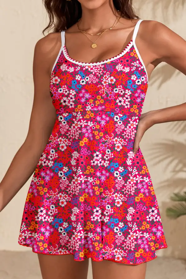 Floral Print Ricrac Trim Swim Dress