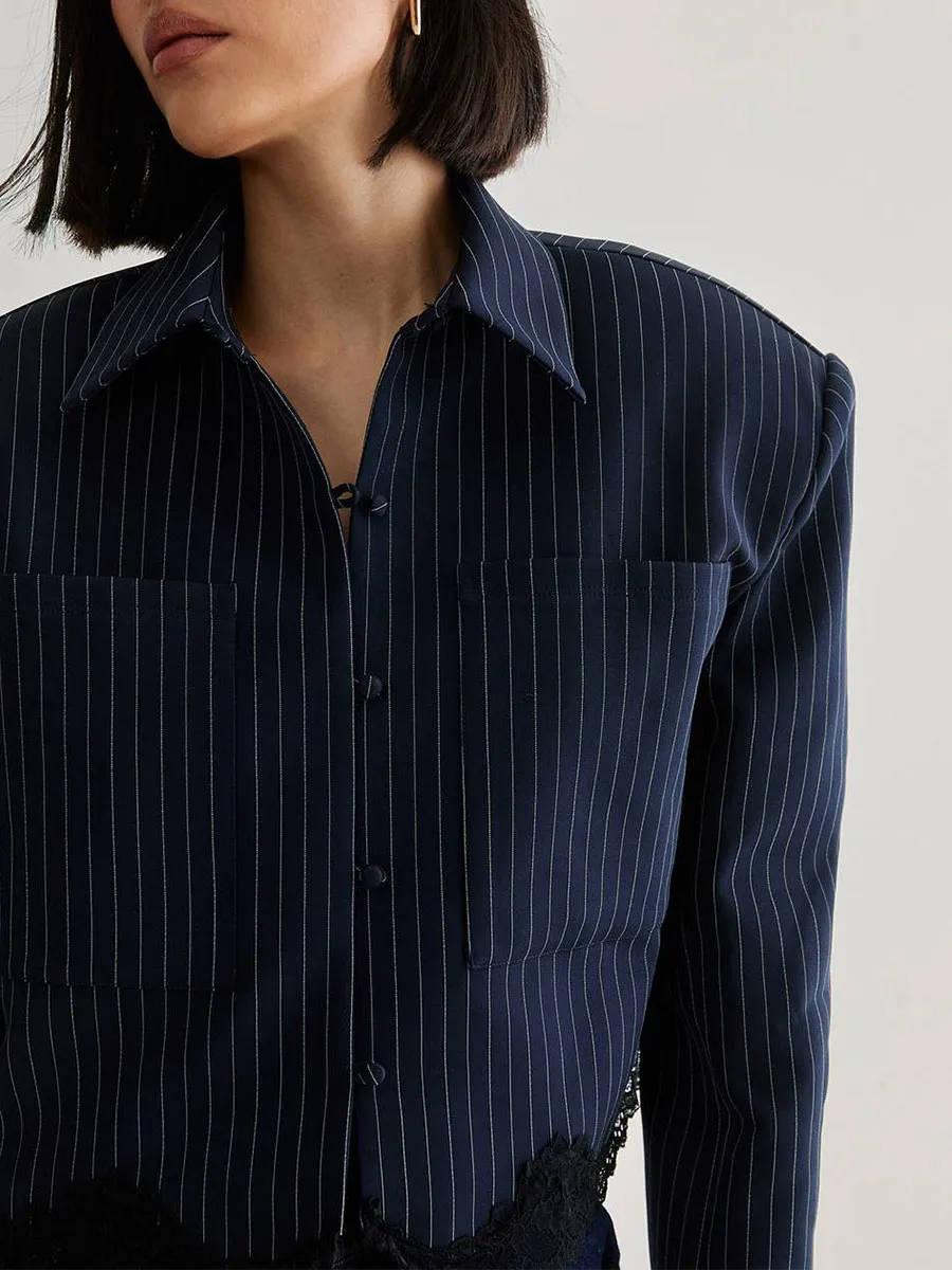 Women's Navy Striped & Lace-Paneled Cropped Shirt