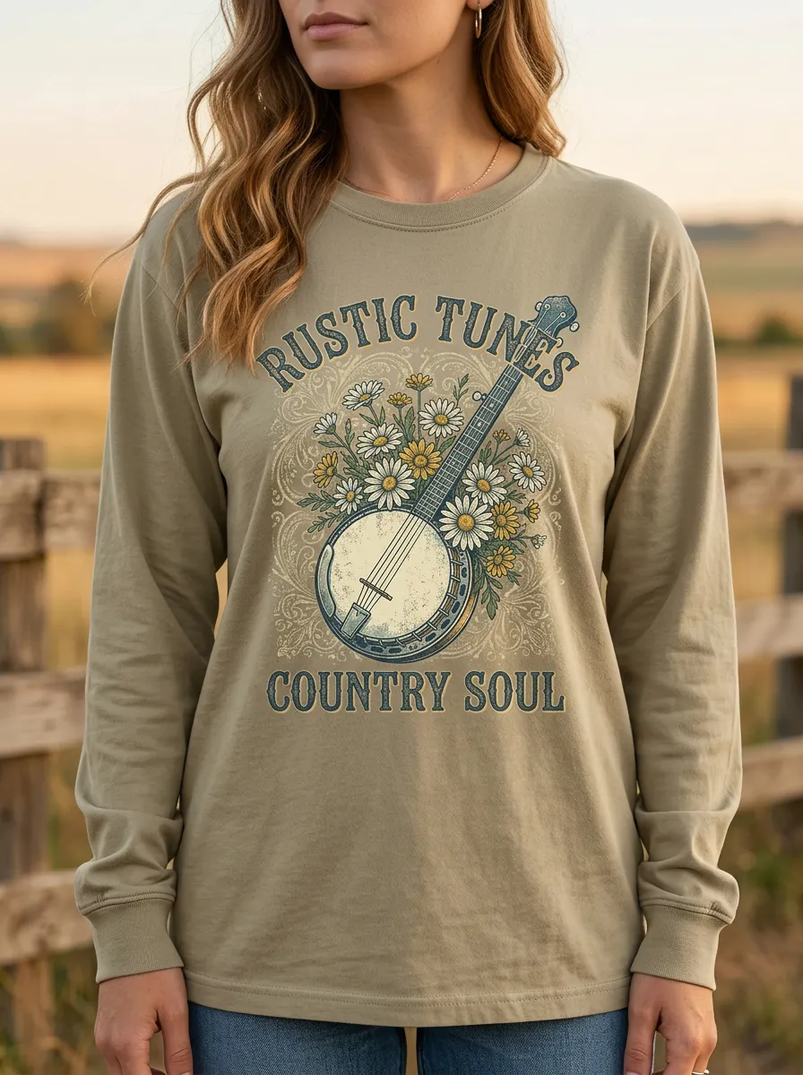 Western-Inspired Banjo Floral Women's Country Music Long-Sleeve Shirt