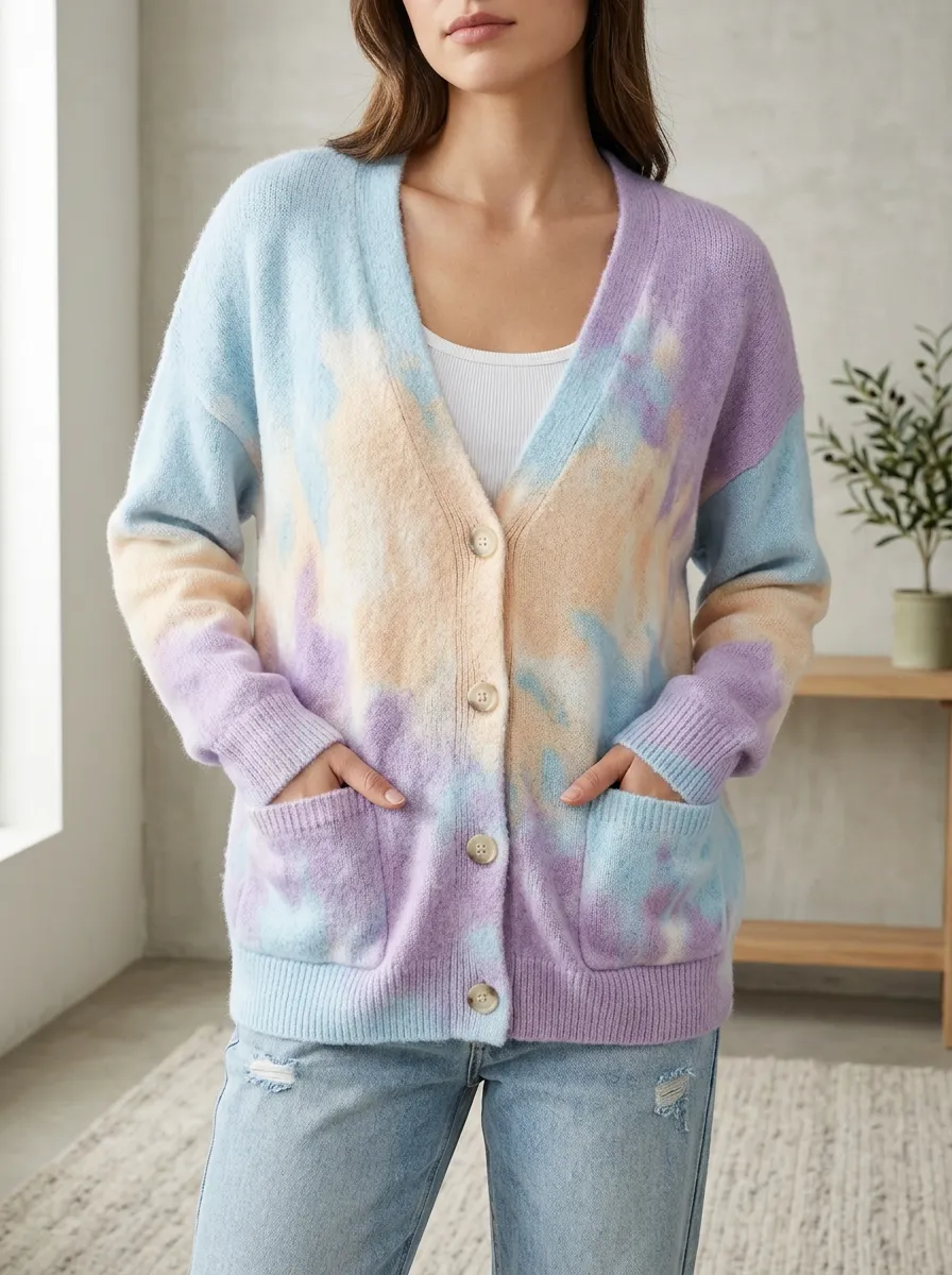 Women's Pastel Tie-Dye Printed V-Neck Relaxed Layering Cardigan