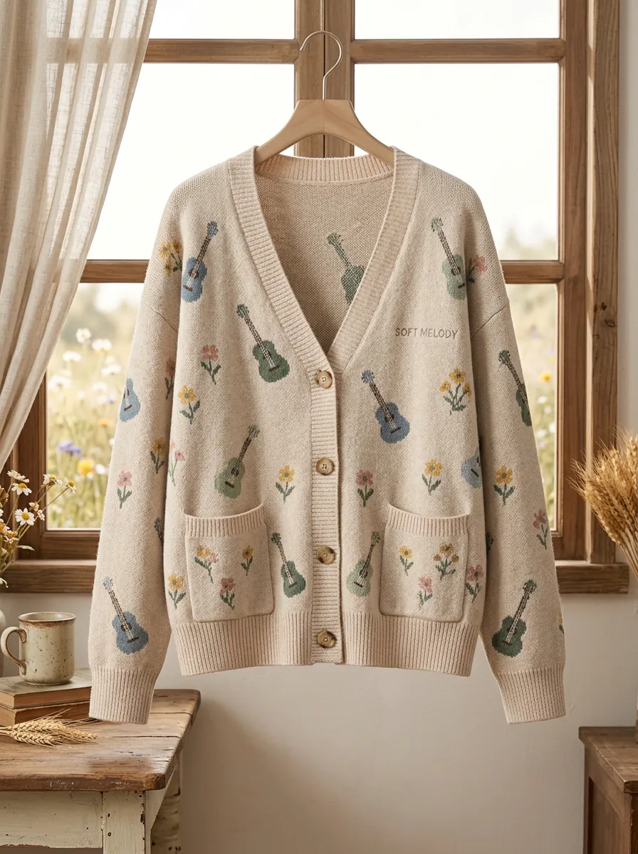 Ranch-Inspired Guitar Floral Women's Country Music Casual Cardigan