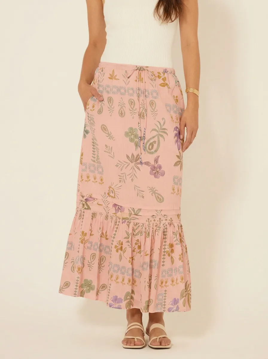 Women's Boho Floral Paisley Printed Midi Skirt