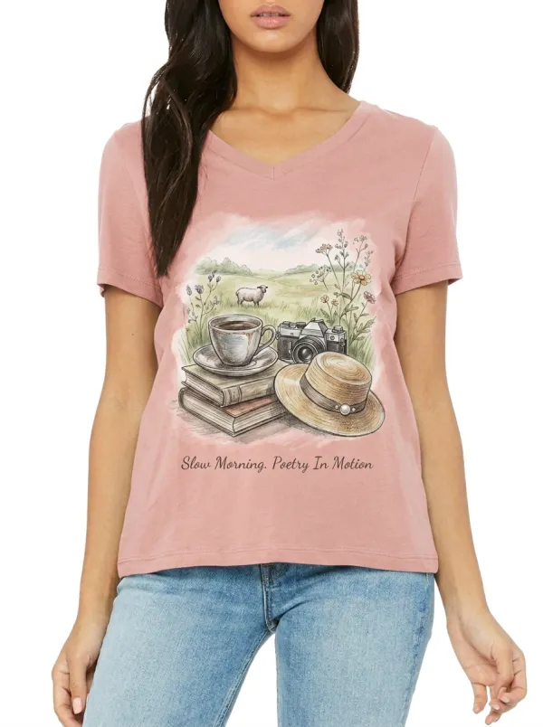 Women's Cottagecore Coffee Camera Books Printed V-neck T-shirt