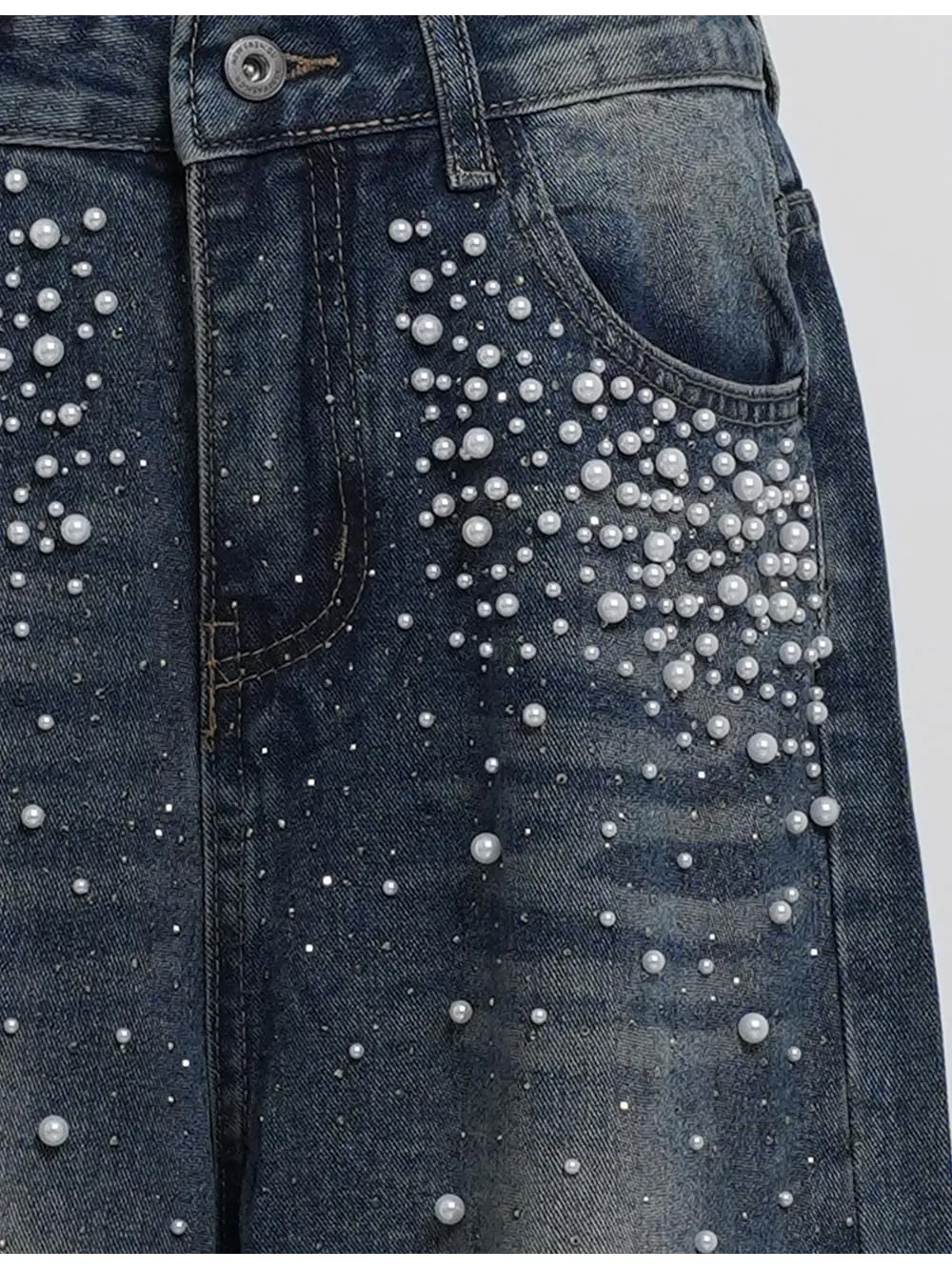 Faux Pearl Button Waist Wide Leg Denim Pants