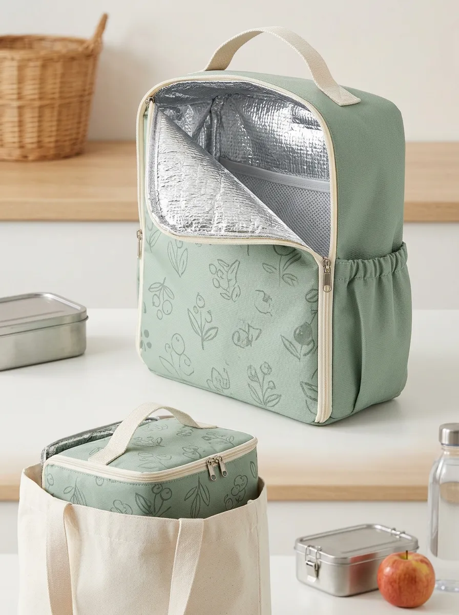 Sage Green Botanical Floral Printed Insulated Lunch Bag