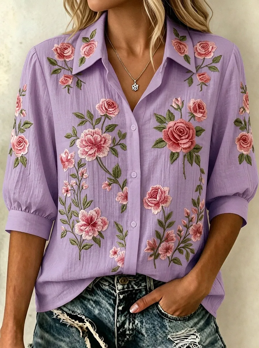 Women's Breast Cancer Awareness Pink Rose Floral Embroidered Button-up Shirt