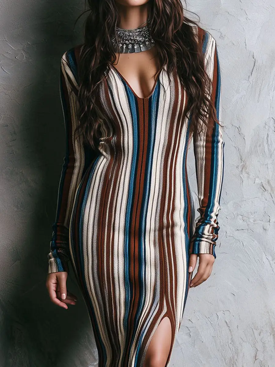 Western Bohemian Vertical Stripe Knit Midi Dress With Side Slit