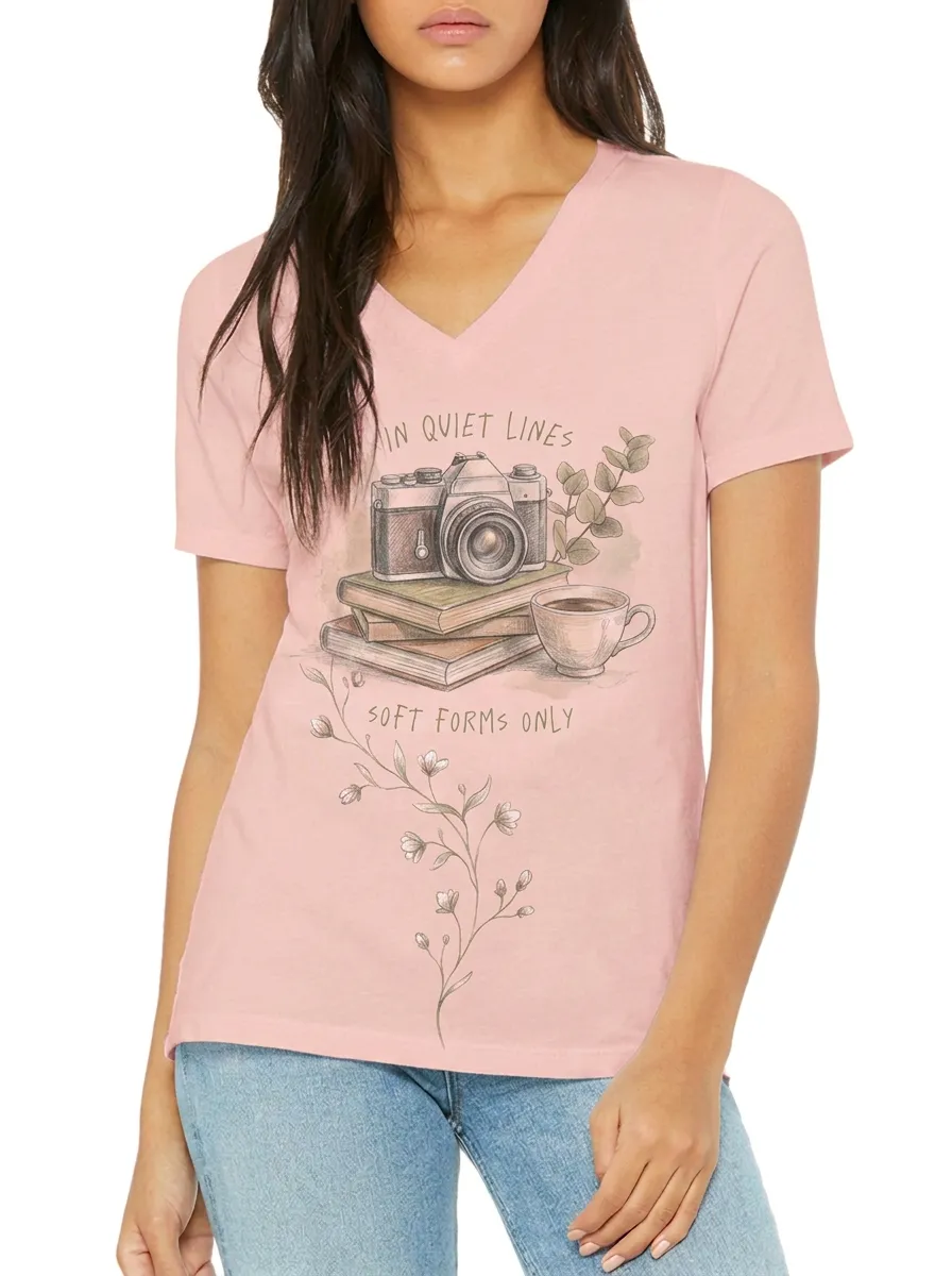 Women's Photography Book Coffee Lover Floral Printed V-neck T-shirt