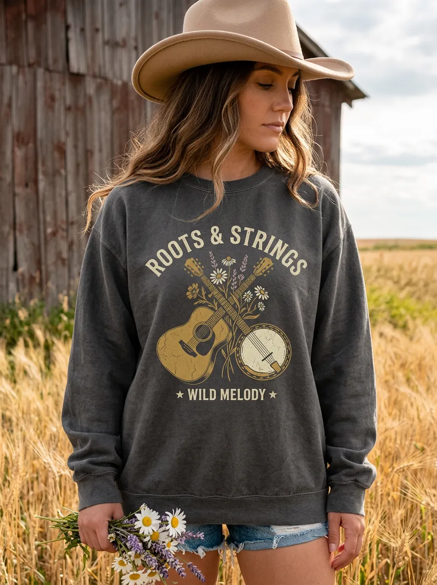 Country Music Roots and Strings Guitar Floral Crew Neck Sweatshirt