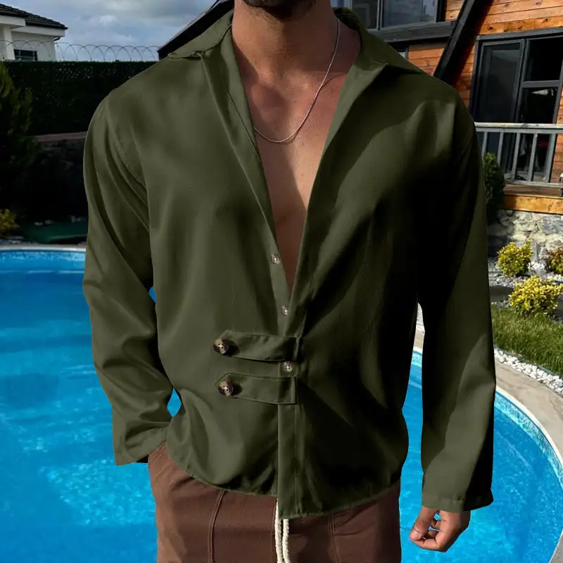 Men's Modern Long-sleeved Shirt With Deep Neckline And Asymmetrical Strap Look