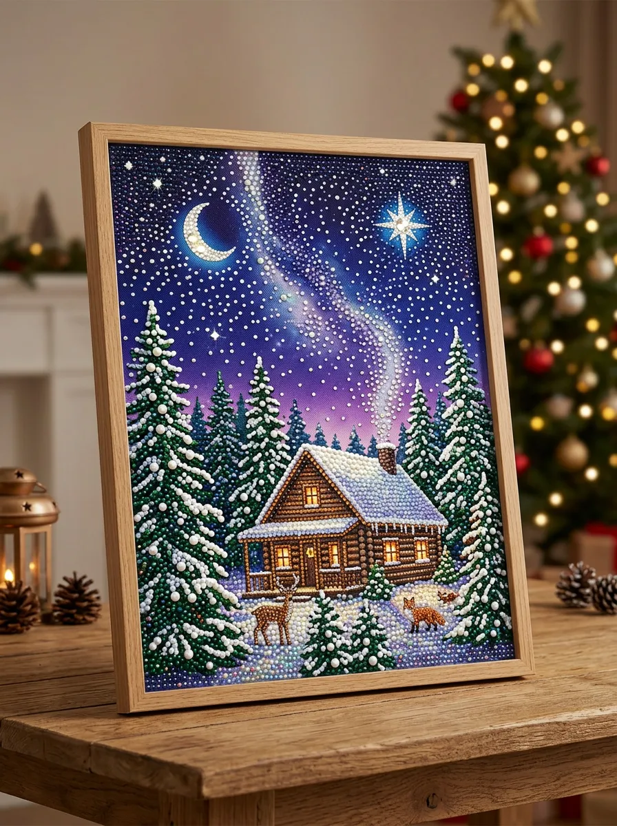 Winter Cabin Moon Star Christmas DIY Diamond Painting Kit