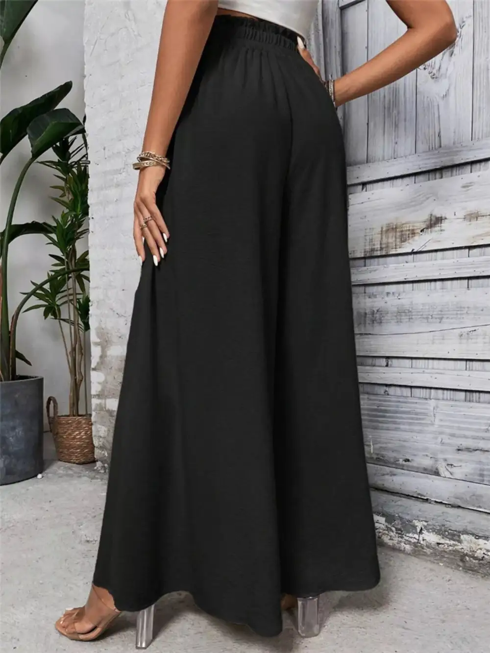 Wide Leg Ruffle Detail Casual Everyday Pants