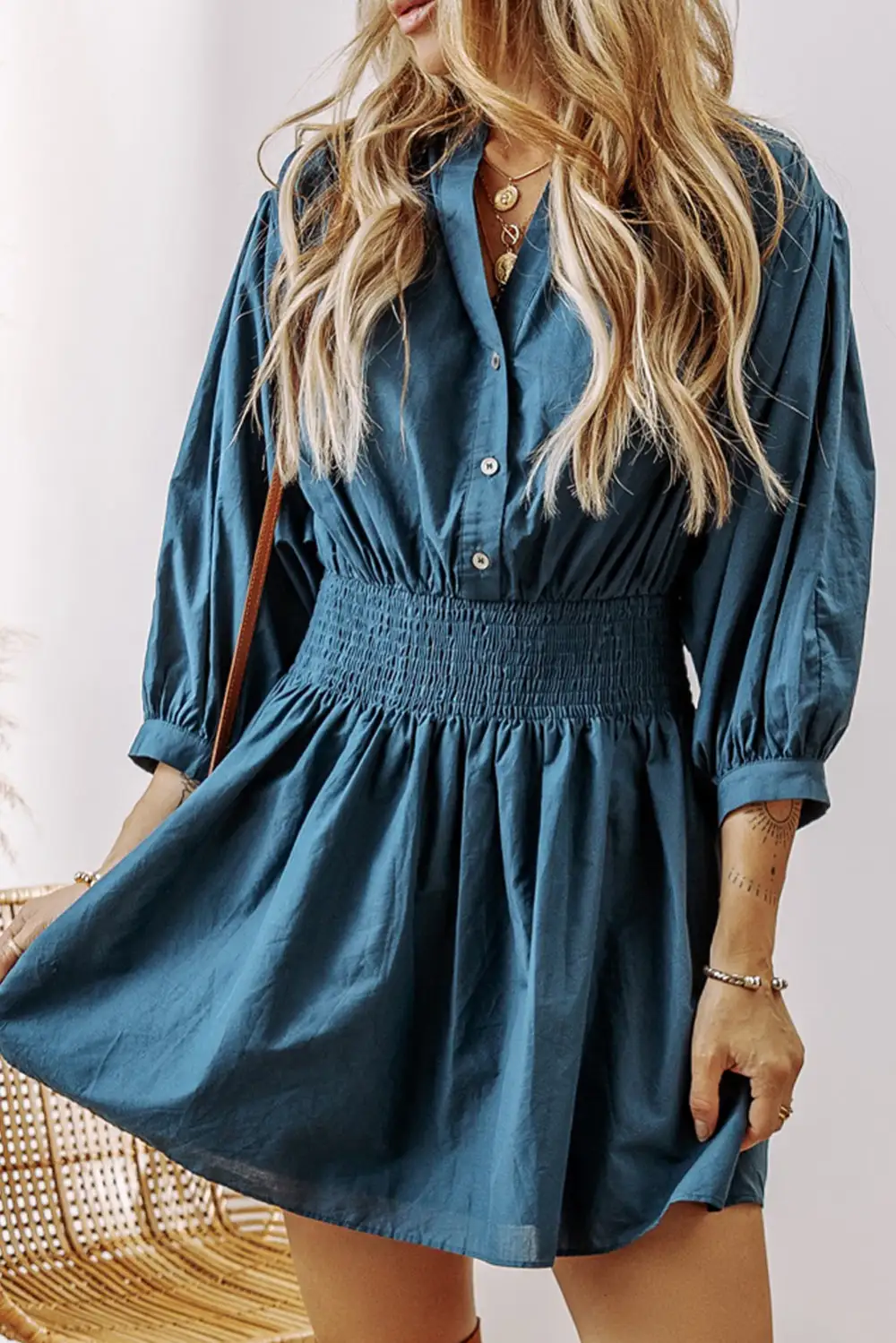 Shirred Button Front Mini Dress