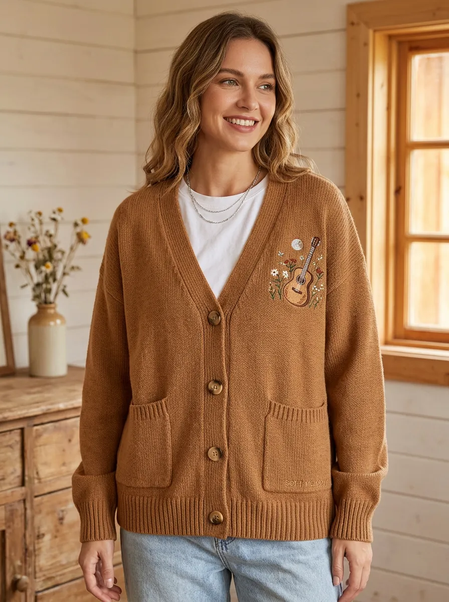 Guitar Floral Embroidered Women's Country Music Casual Cardigan