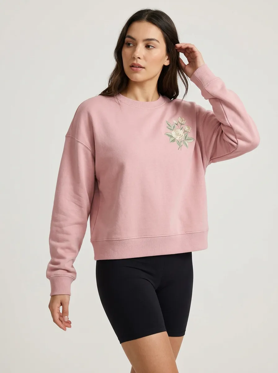 Women's Floral Lover Pink Rose Embroidered Printed Sweatshirt