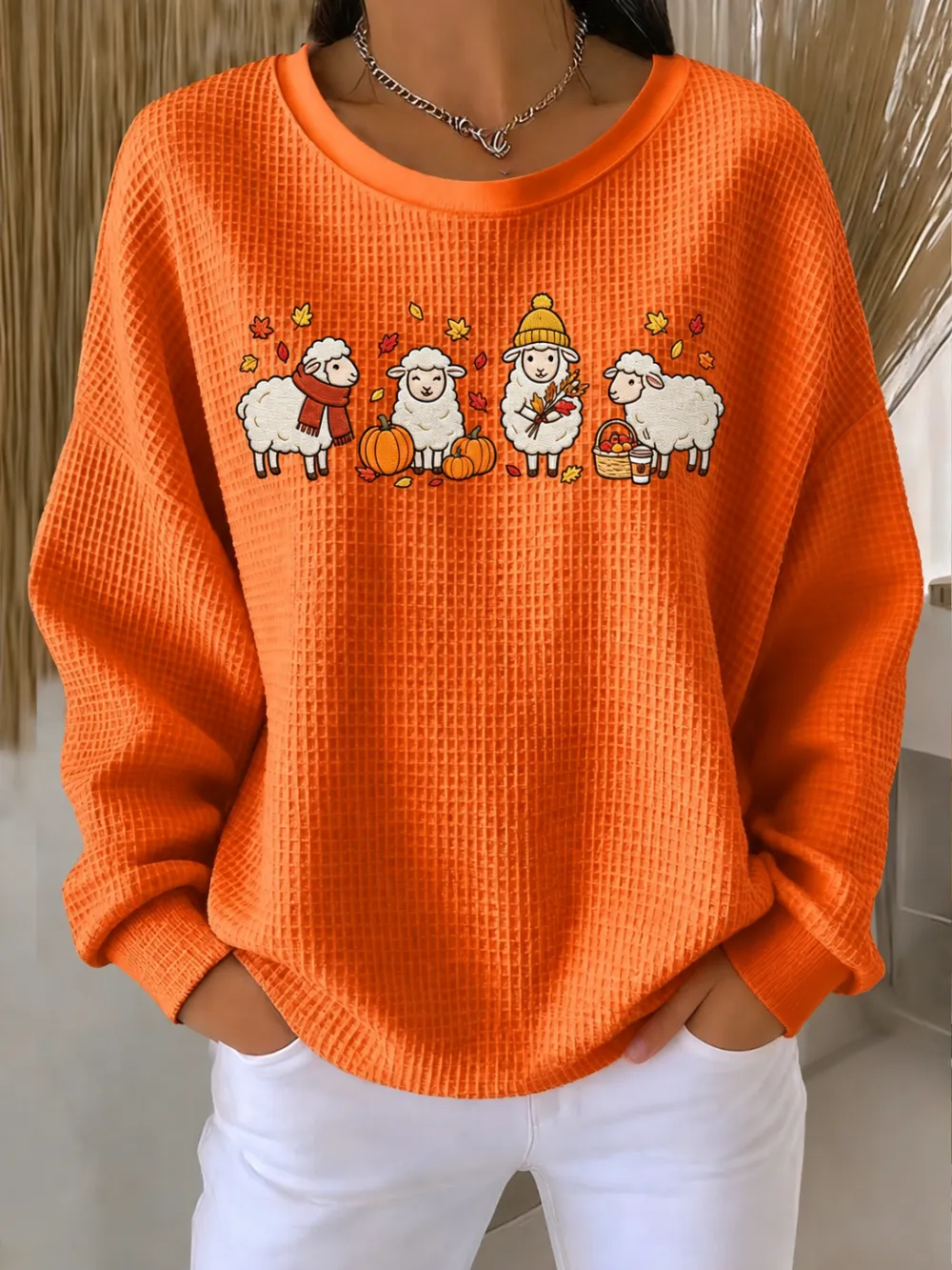 Women'S Autumn Sheep Pumpkin Printed Waffle Casual Sweatshirt