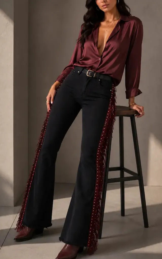 Bell Bottom Mid Rise Fringe Detail Vintage Style Cropped Everyday Denim Jeans