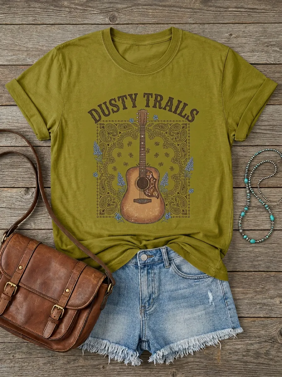 Rustic Guitar Western Crewneck T-Shirt