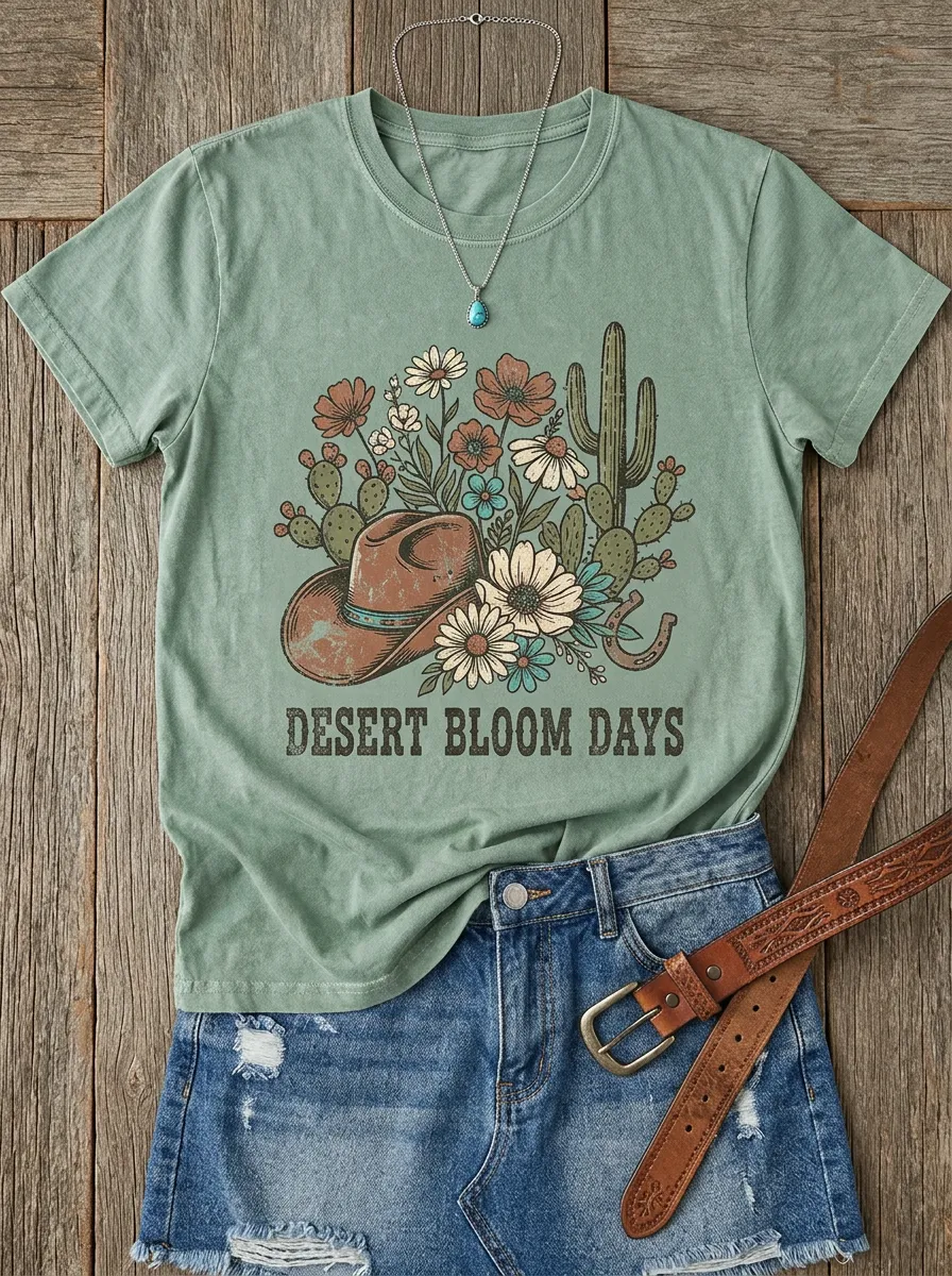 Women's Western Desert Bloom Cowboy Hat Cactus Printed T-shirt