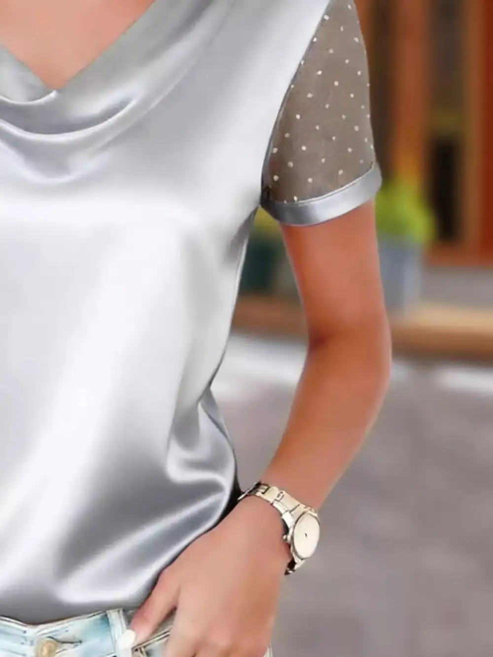 Cowl Neck Polka Dot Short Sleeve Top
