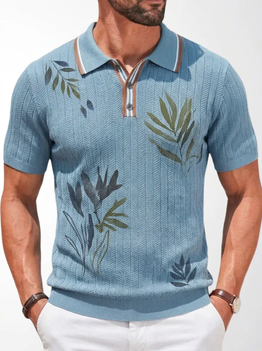 Men's Casual Tropical Leaf Printed Knit Polo Shirt