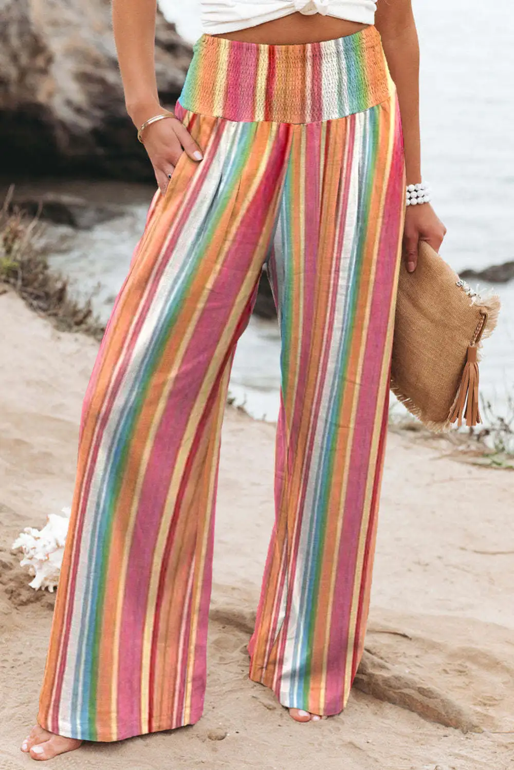 Striped Smocked Waist Pants With Pocket