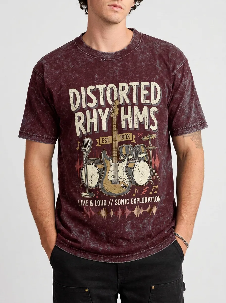 Men's Rock Band Guitar Drum Printed Acid Wash T-shirt