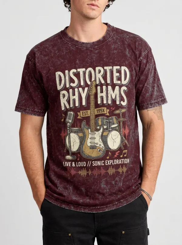 Men's Rock Band Guitar Drum Printed Acid Wash T-shirt