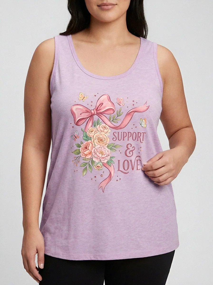 Women's Breast Cancer Awareness Floral Bow Support & Love Printed Tank Top
