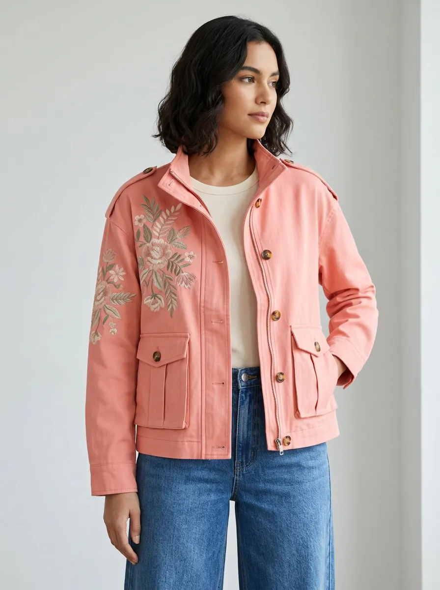 Women's Floral Embroidery Pink Utility Printed Jacket