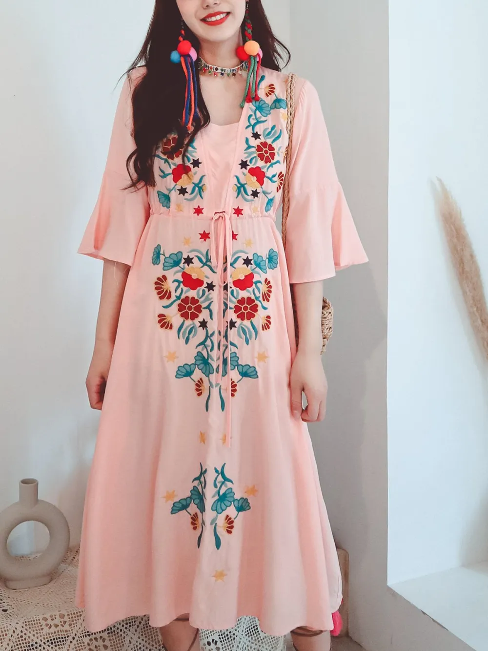 Textured Floral Embroidered Boho Maxi Dress