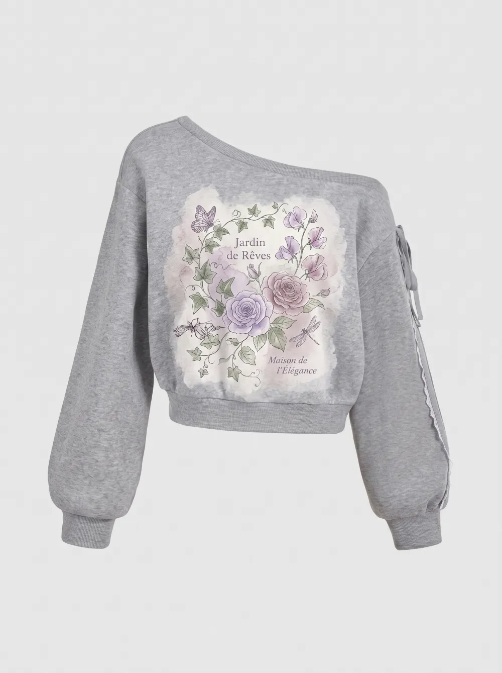 Women's Floral Garden Butterfly Printed One-Shoulder Sweatshirt