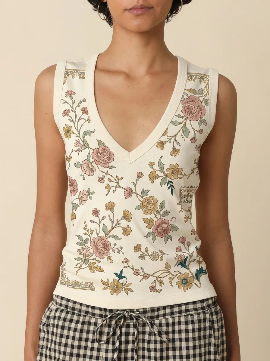 Women's Vintage Floral Botanical Printed V-neck Tank Top