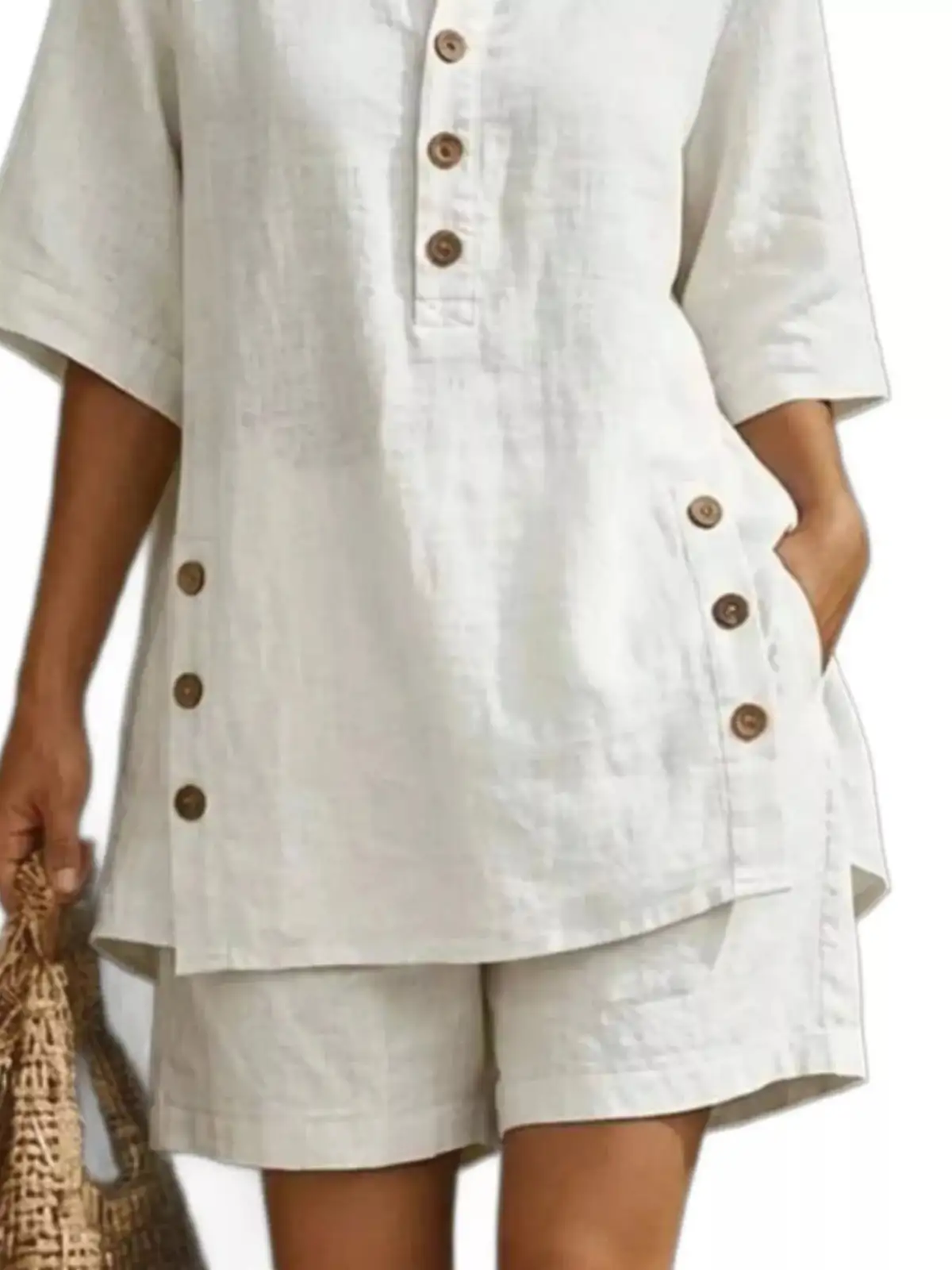 Pocketed Linen Shirt and Shorts Matching Set