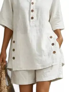 Pocketed Linen Shirt and Shorts Matching Set
