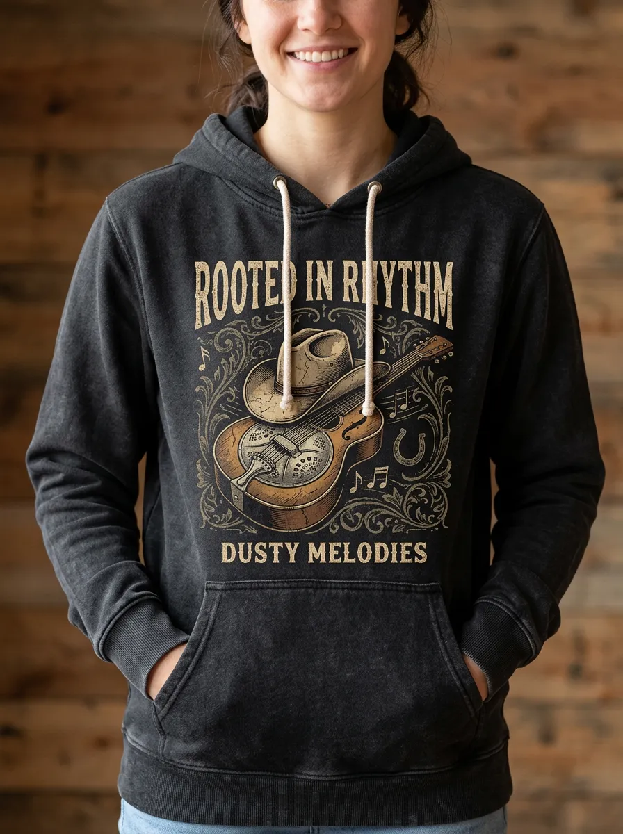 Nashville-Inspired Guitar Cowboy-Hat Country Music Graphic Hoodie