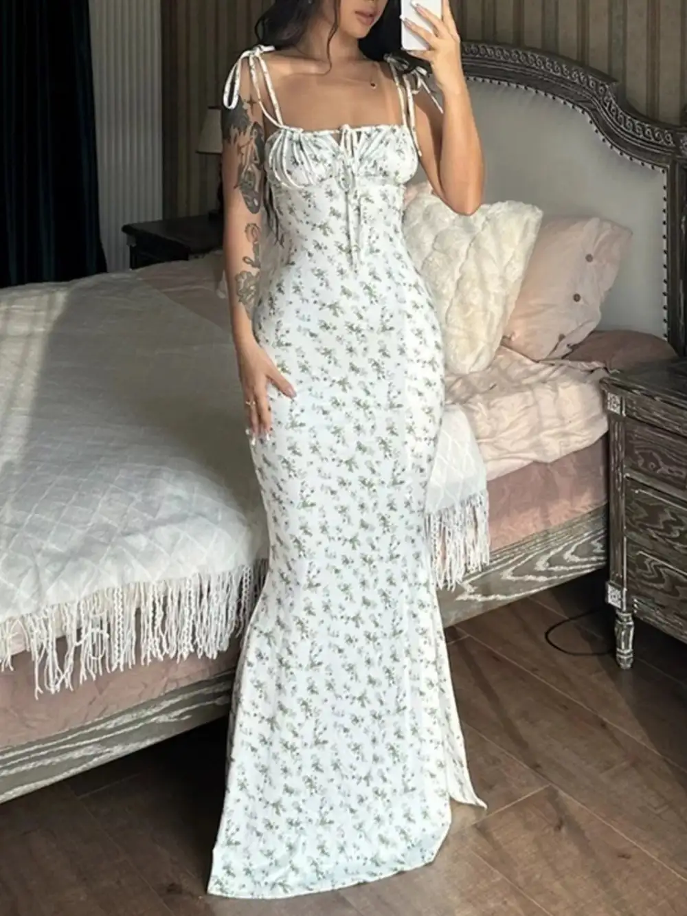 Relaxed Floral Print Tie Strap Bodycon Maxi Dress